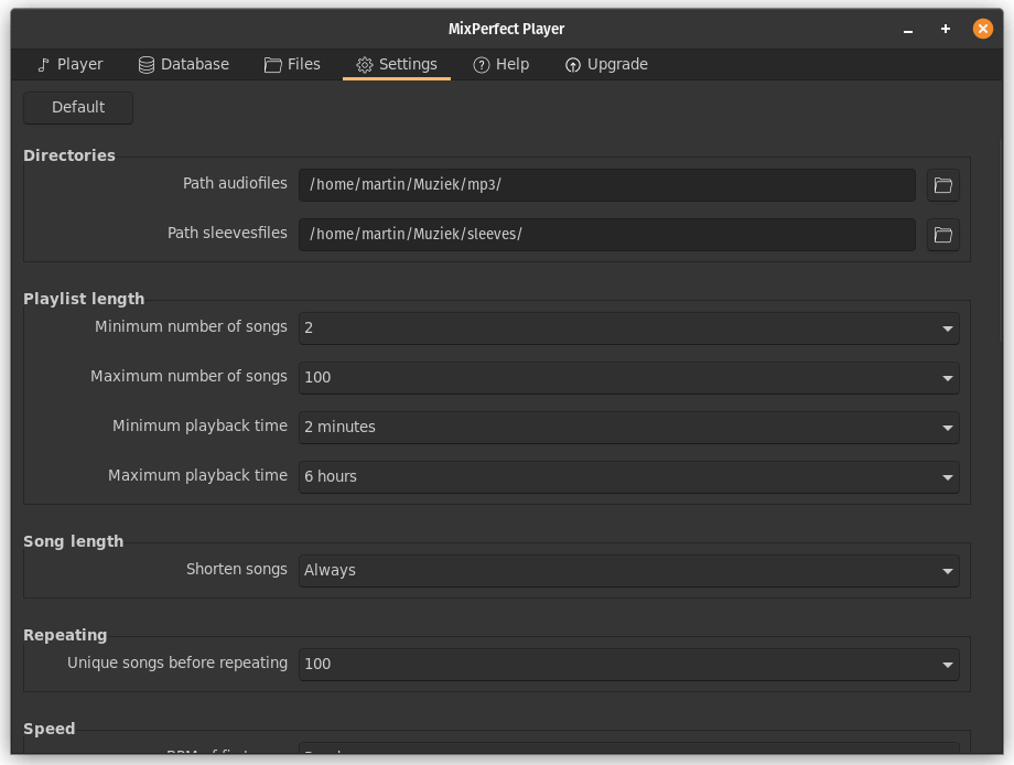 Settings panel