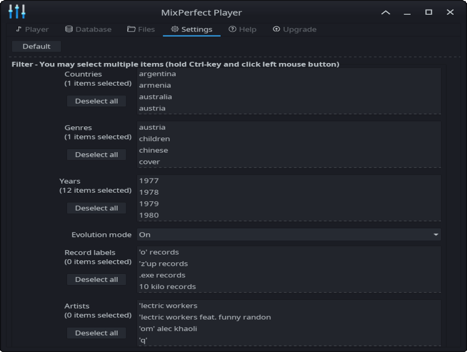 Settings panel